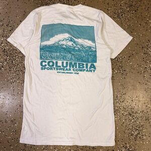Columbia Graphic T-Shirt Mens Small White Mountain Print Short Sleeve Good